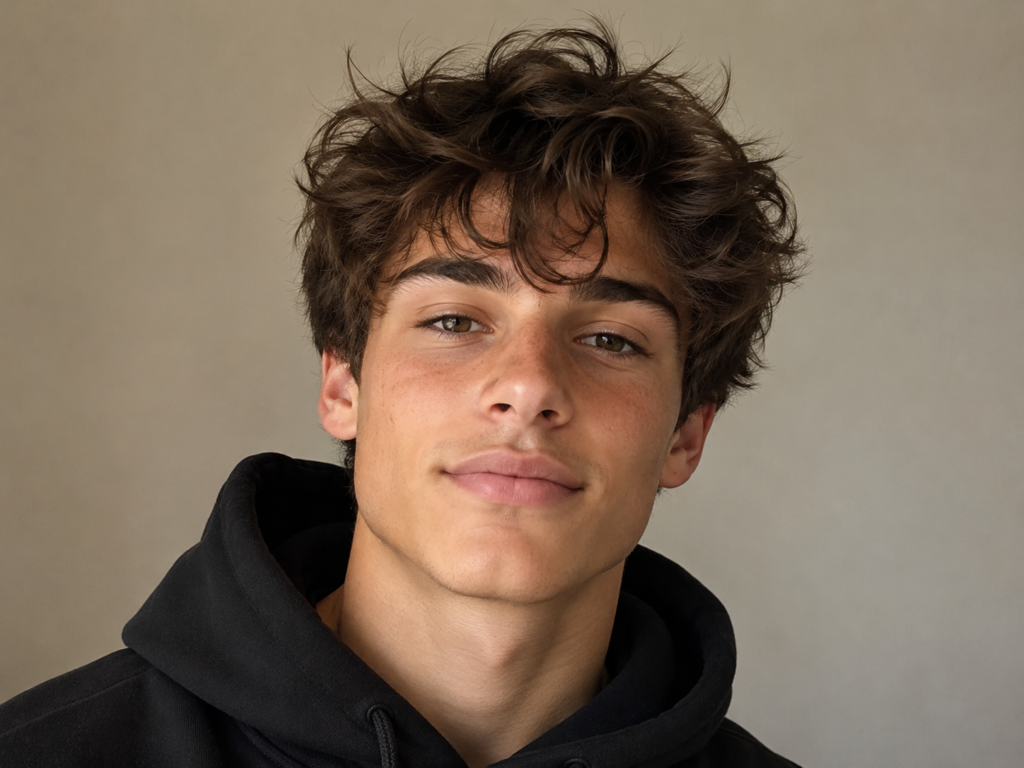 portrait réaliste d’un jeune homme en hoodie noir