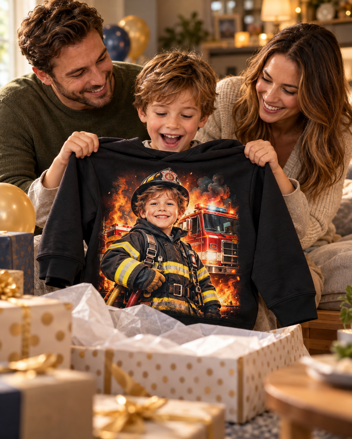 surprise en famille, cadeau de pompier