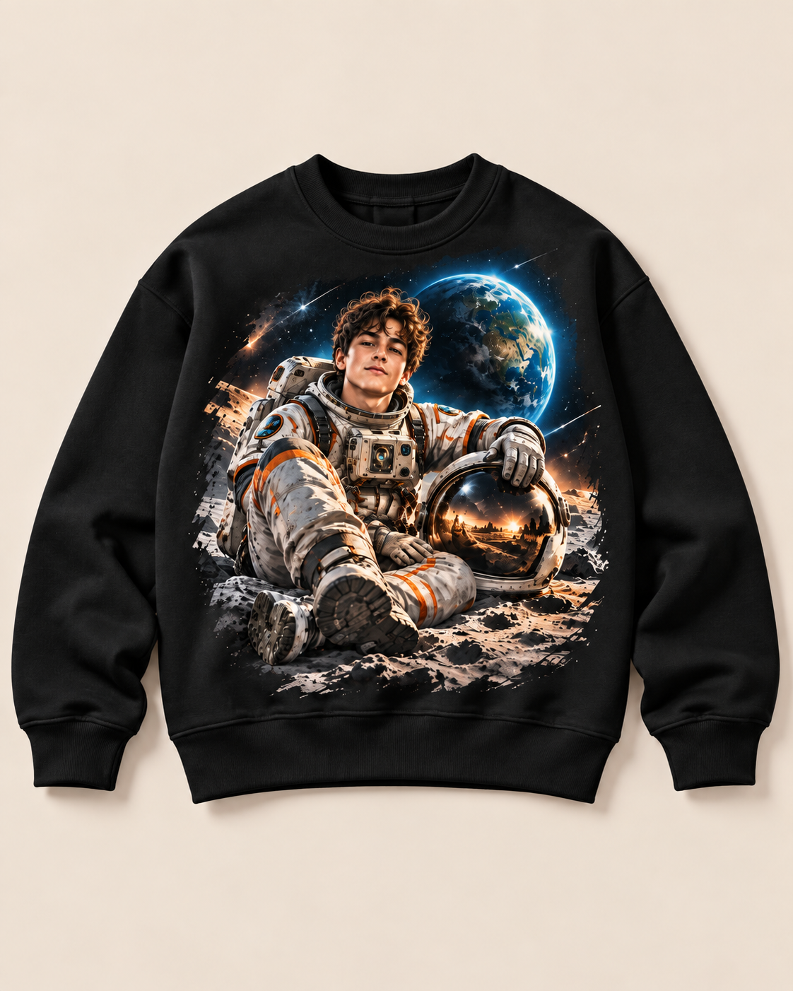 sweat shirt astronautique sur fond beige